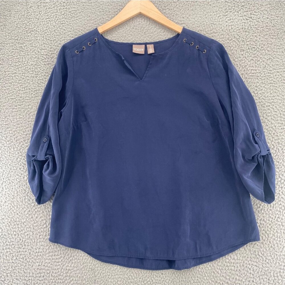 Chicos Top Women 2 US Large Navy Split V Neck Roll Tab 3/4 Sleeve Pullover Modal